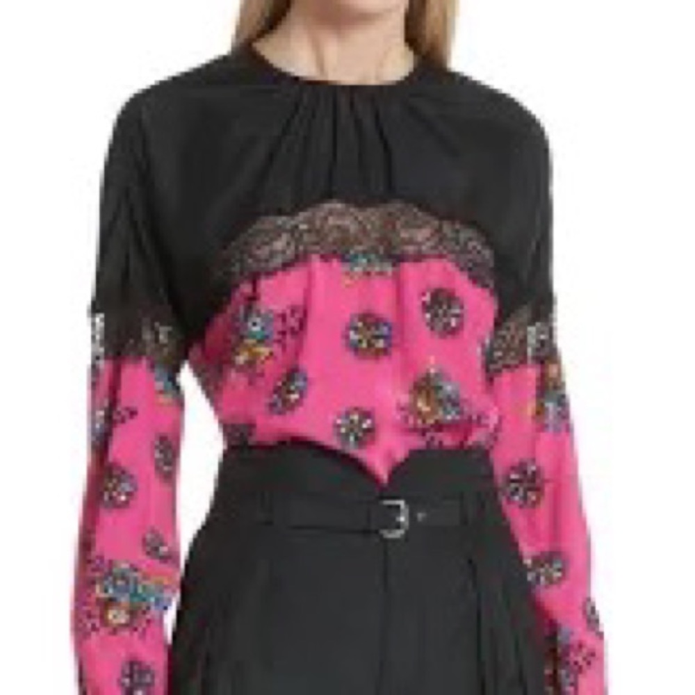 Red Valentino silk print lace trim blouse with back button worn once